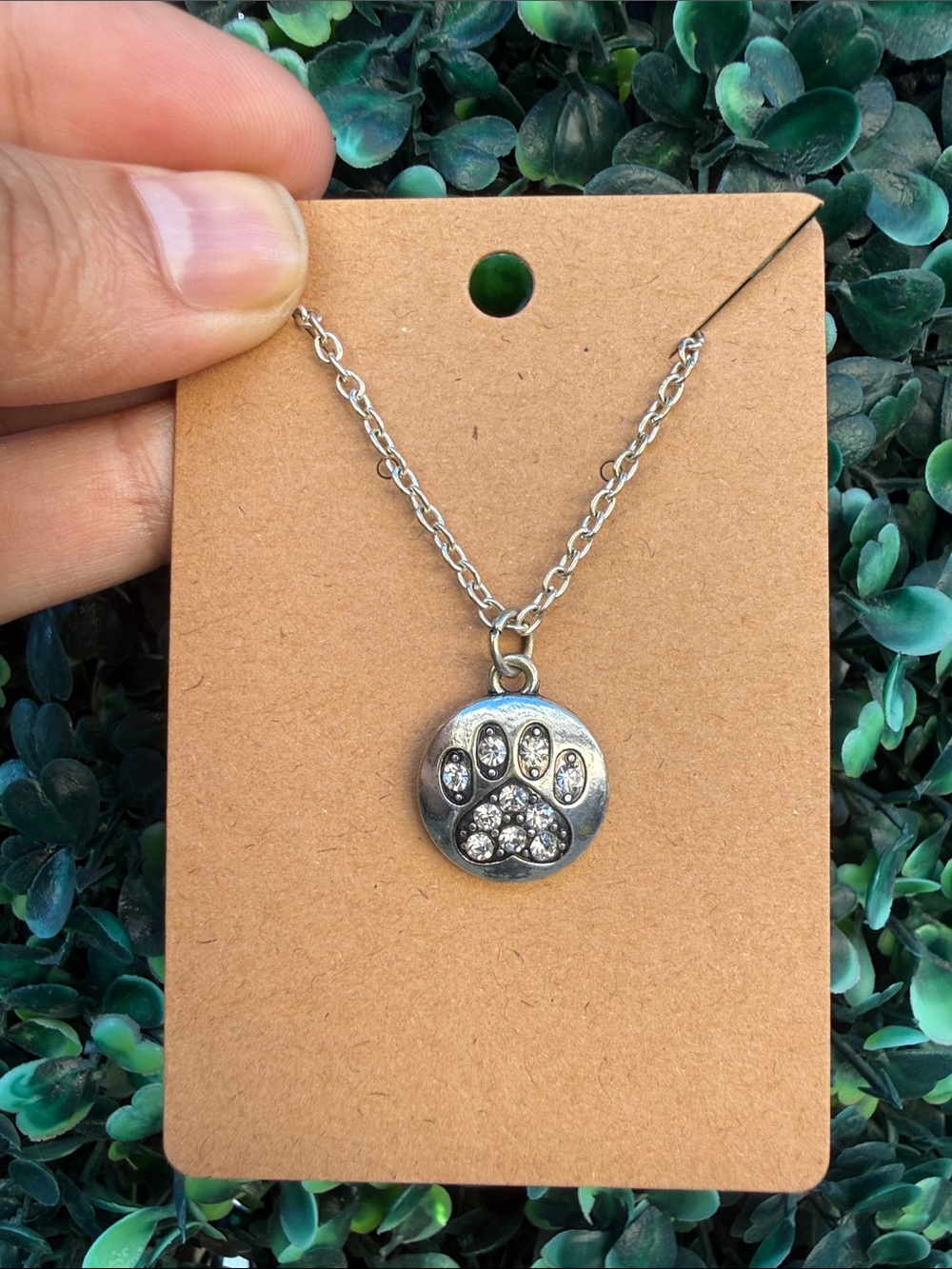 Silver Tone Paw Print Pendant Necklace with Rhinestones